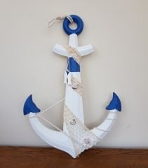 Mavi Beyaz Dekoratif Ahşap Çapa Duvar Süsü