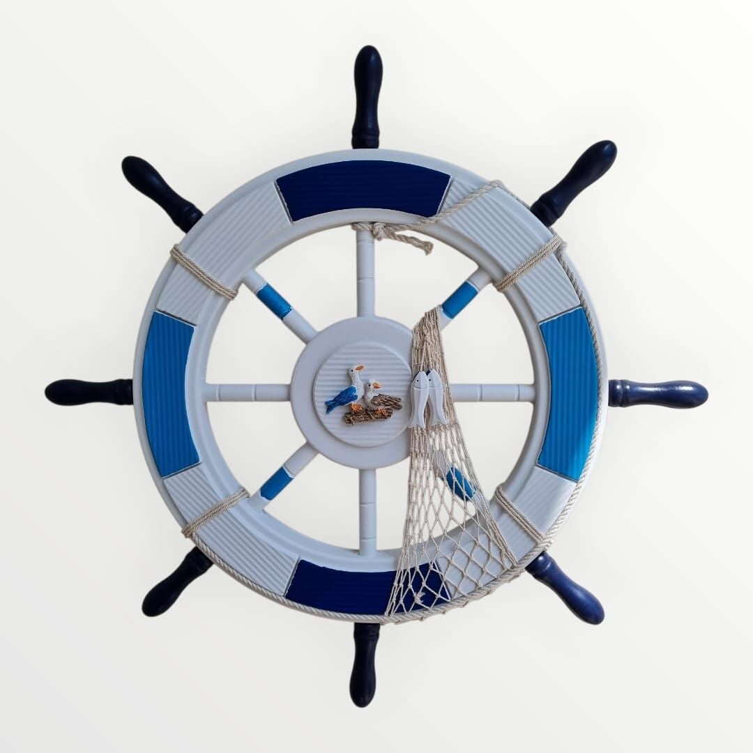 Dekoratif Mavi Beyaz Ahşap Dümen (Büyük)