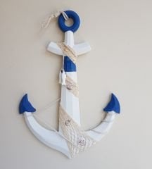 Mavi Beyaz Dekoratif Ahşap Çapa Duvar Süsü