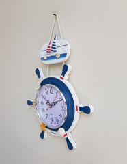 Mavi Beyaz Ahşap Dümen Duvar Saati