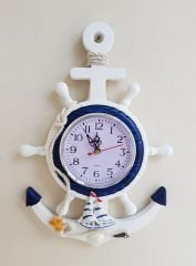 Mavi Beyaz Ahşap Çapa Duvar Saati