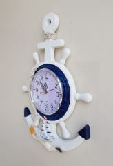 Mavi Beyaz Ahşap Çapa Duvar Saati
