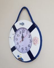 Mavi Beyaz Ahşap Can simidi Duvar Saati