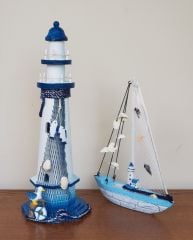 Mavi Beyaz Ahşap Dekoratif Deniz Feneri