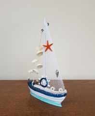 Mavi Beyaz Ahşap Dekoratif Yelkenli