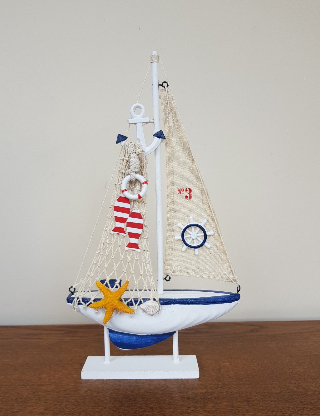 Mavi Beyaz Ahşap Dekoratif Yelkenli