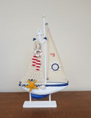 Mavi Beyaz Ahşap Dekoratif Yelkenli