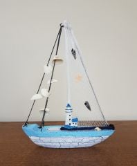 Mavi Beyaz Ahşap Dekoratif Yelkenli