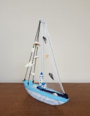 Mavi Beyaz Ahşap Dekoratif Yelkenli