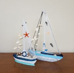 Mavi Beyaz Ahşap Dekoratif Yelkenli