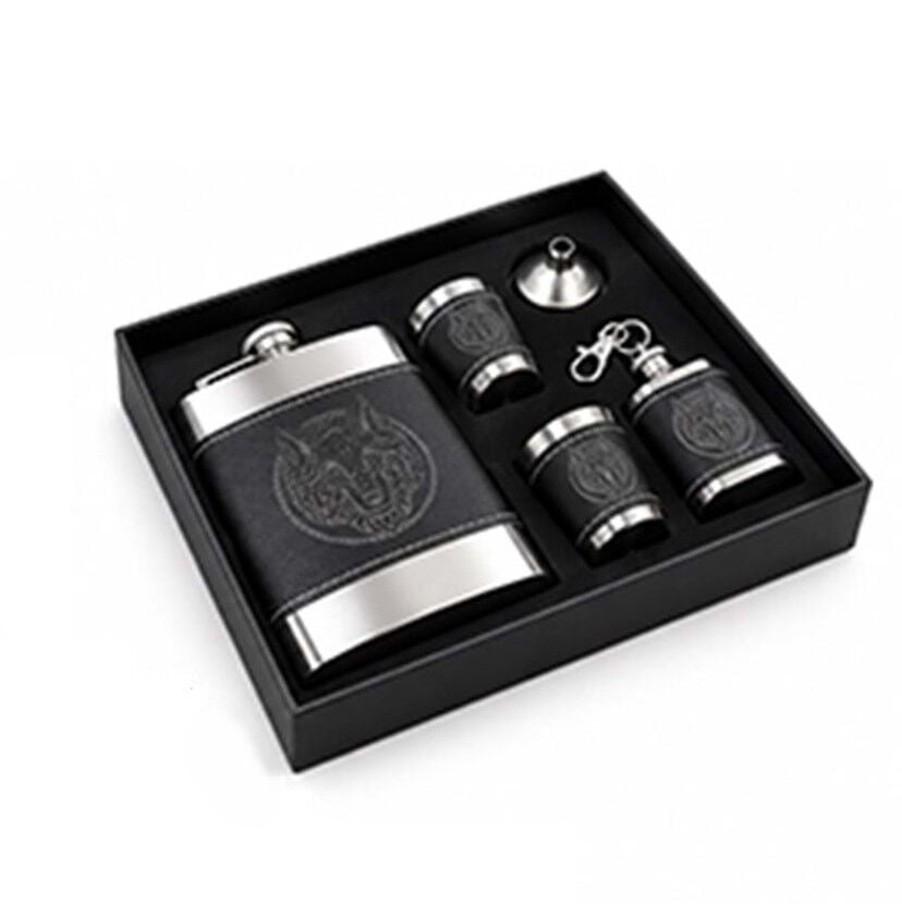 Kurt Desenli Deri Detaylı Matara Set (8 oz)