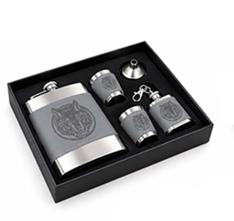 Kurt Desenli Deri Detaylı Matara Set (8 oz)