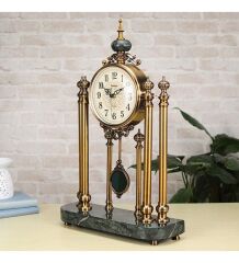 Mermer Kaideli Sarkaçlı Bronz Antik Masa Saati